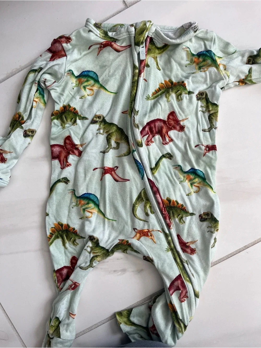 Posh Peanut Mint Dinosaur Print Footed Pajamas with Multicolor Dinosaurs